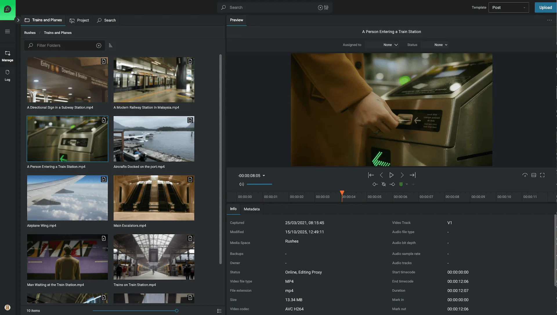 A rushes library in FLOW showing timecode, codec, duration and mark in and out against each clip